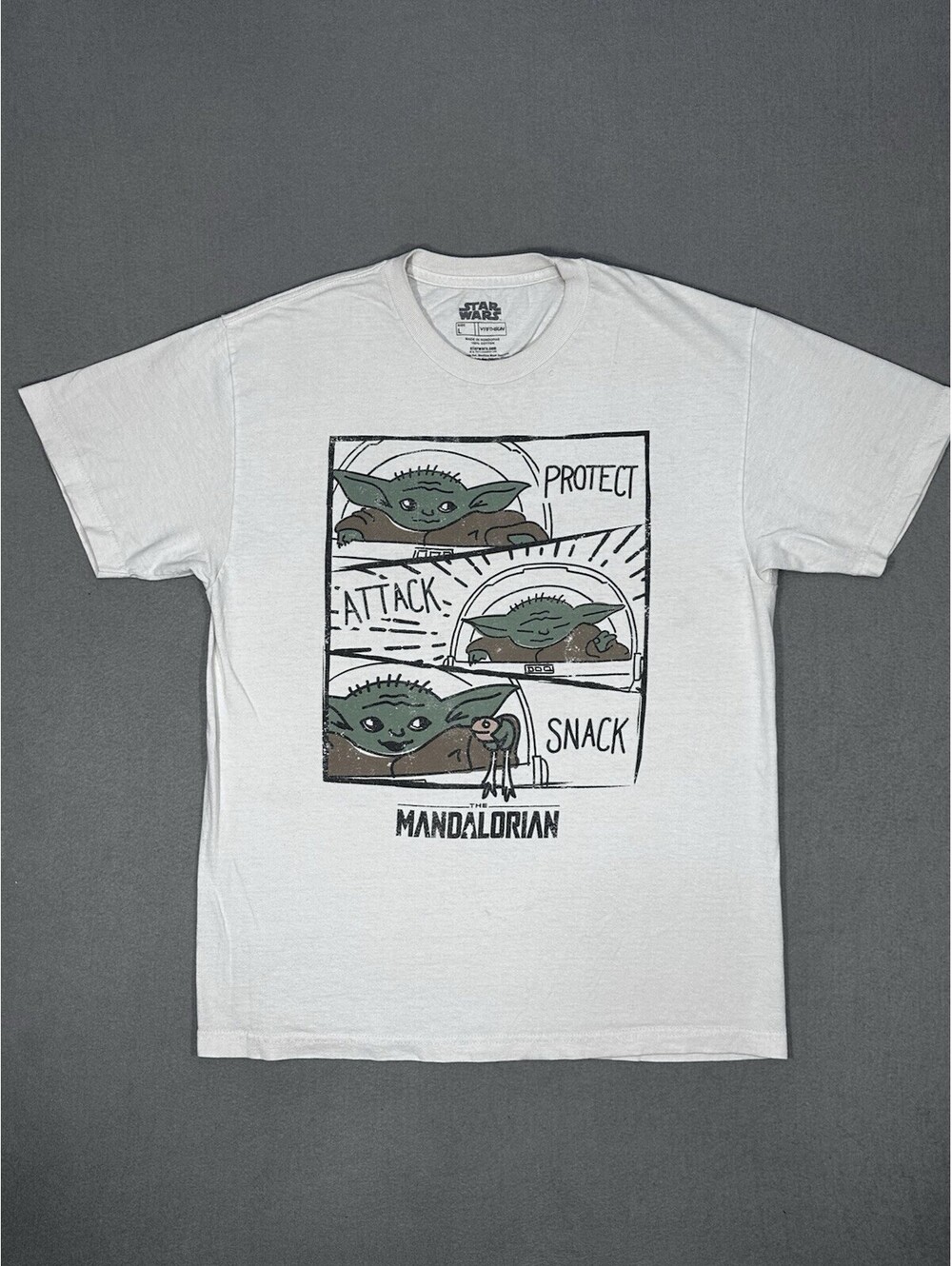 Men’s Star Wars Mandalorian Grogu Protect Attack Snack T Shirt White L